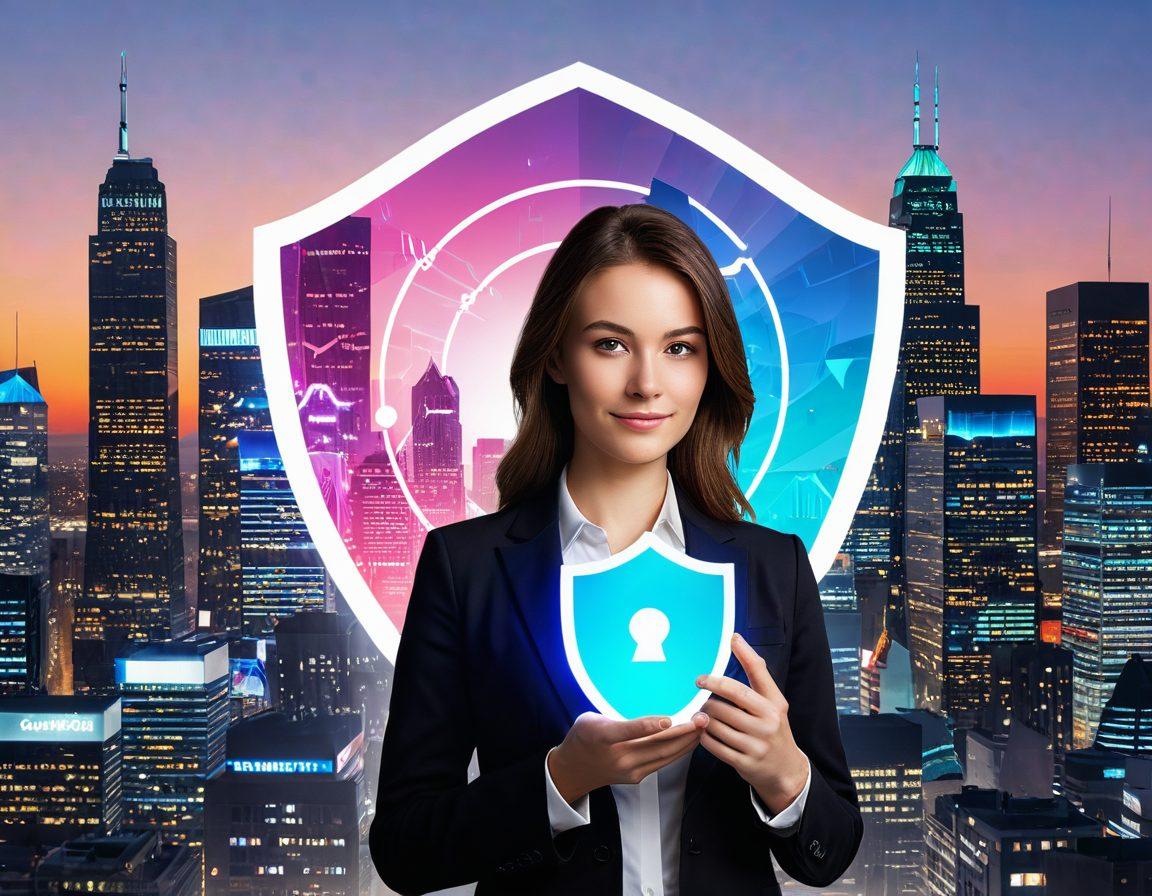 A confident consumer holding a smartphone with a shield icon representing privacy, surrounded by floating telemarketing calls being screened out in vibrant colors. In the background, a cityscape symbolizes the modern digital age, with abstract representations of laws and consumers' rights. Bright, eye-catching graphics to convey empowerment and awareness. super-realistic. vibrant colors. white background.