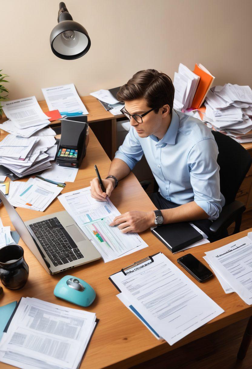 A person sitting at a desk, surrounded by paperwork related to the Do Not Call Registry, a laptop showing telemarketing regulations, and a phone with a 'Do Not Disturb' sign. Include a magnifying glass highlighting the word 'Privacy'. The scene should convey a sense of protection and awareness against unwanted calls. super-realistic. vibrant colors. soft focus.